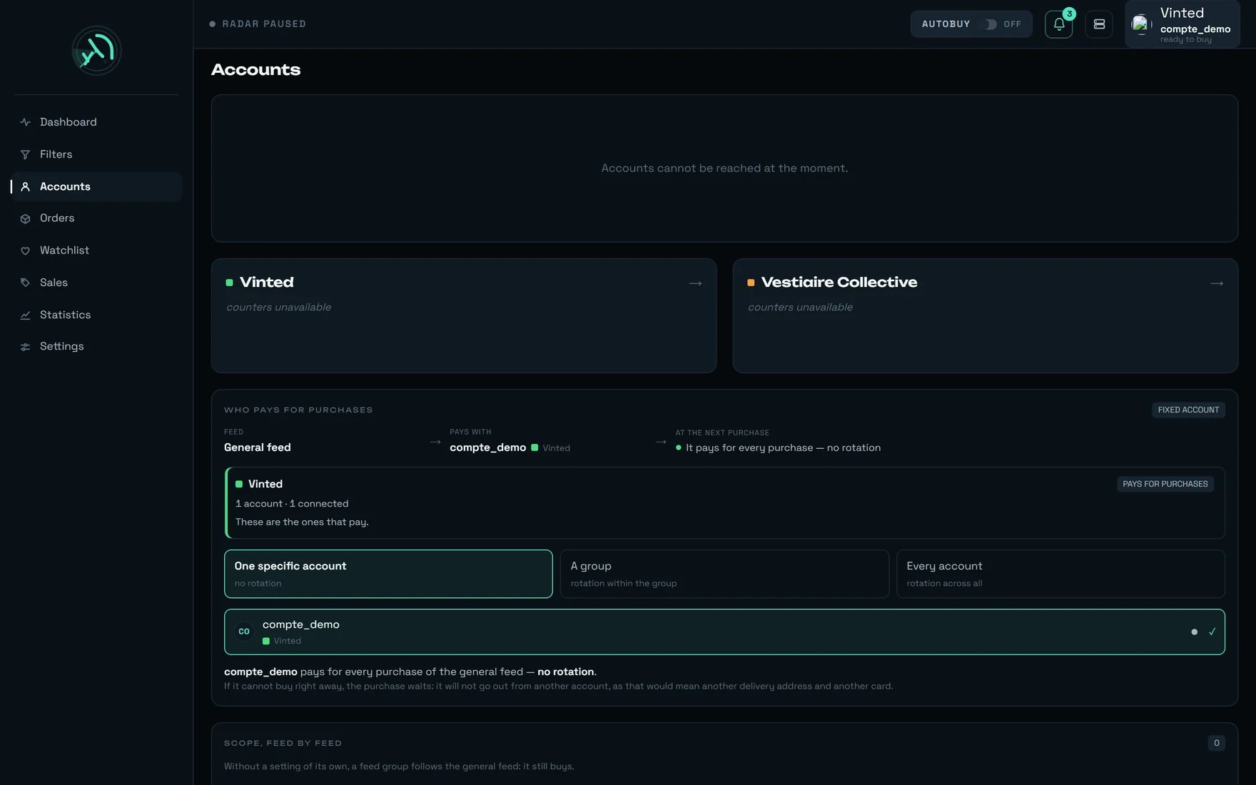 rega's Accounts screen, with the Vinted and Vestiaire Collective doors