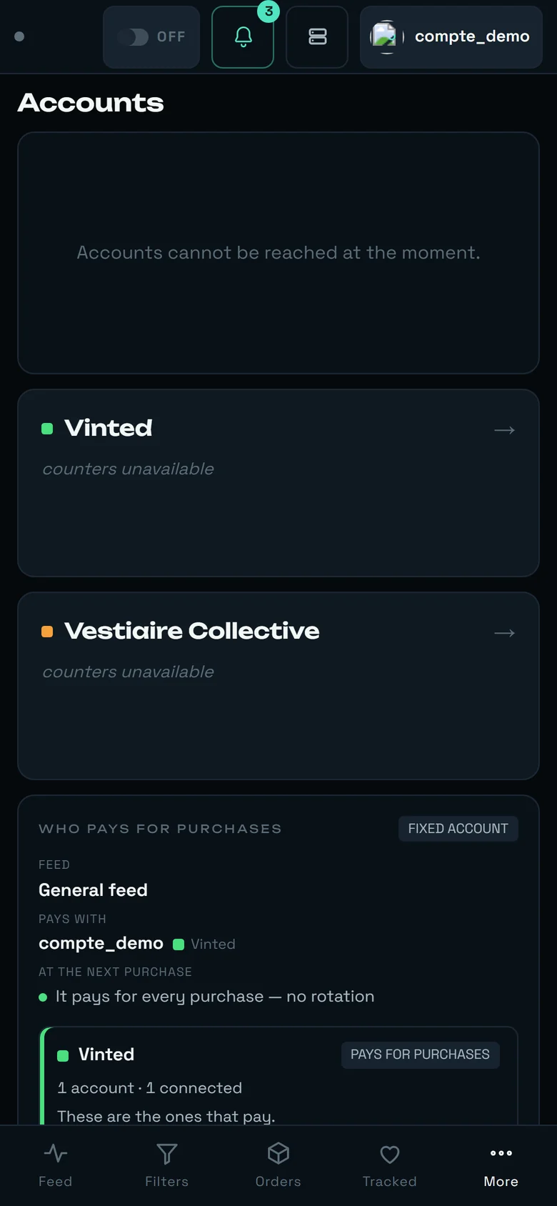 rega's Accounts screen on a phone