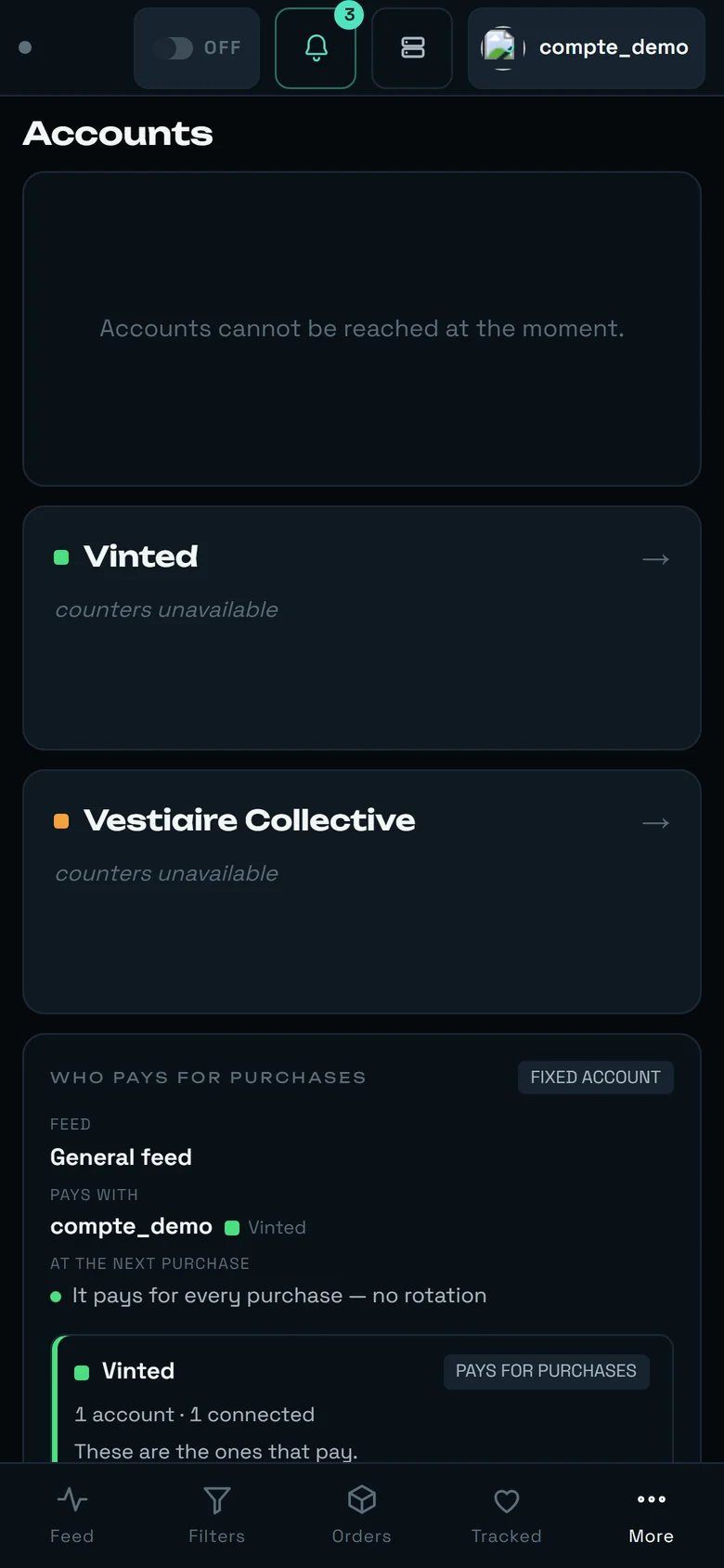 rega's Accounts screen on a phone