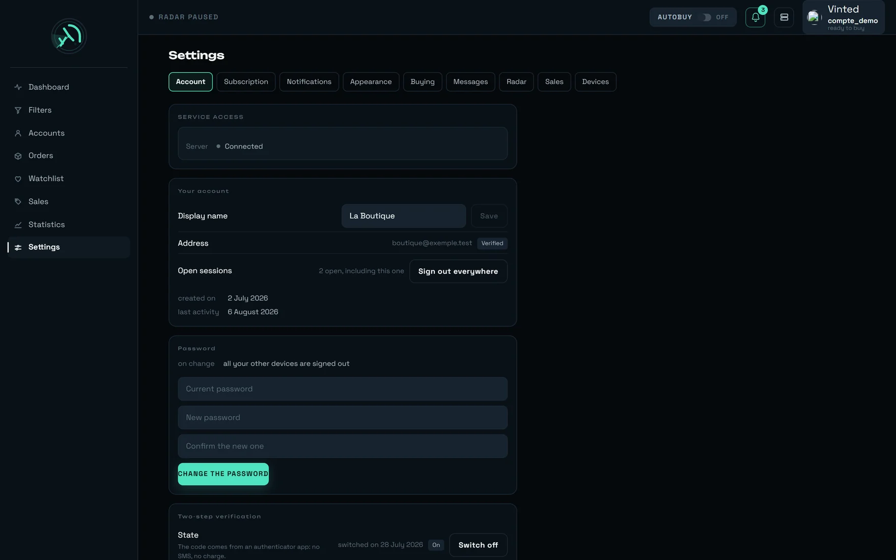 rega's Settings screen, Account tab