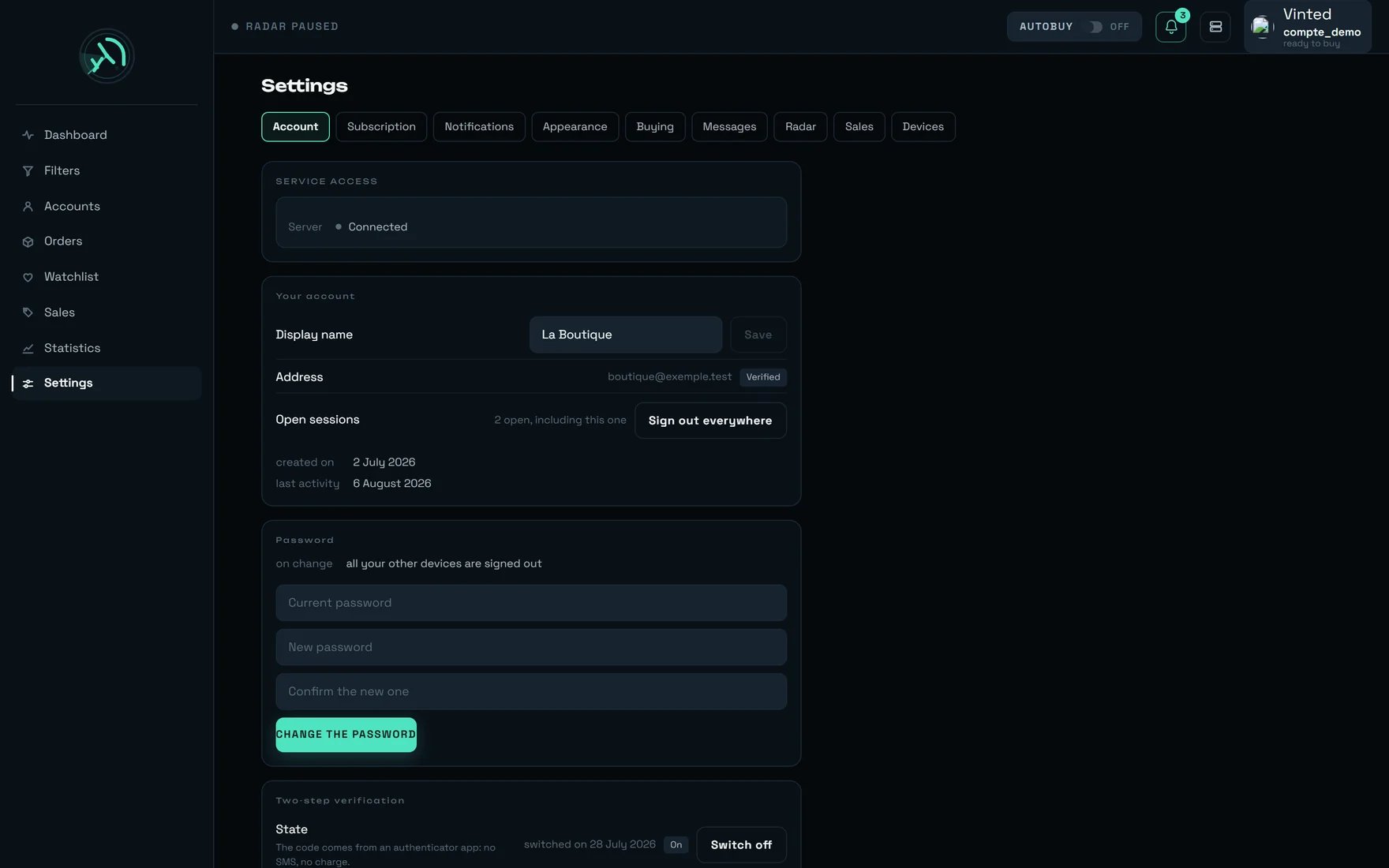rega's Settings screen, Account tab