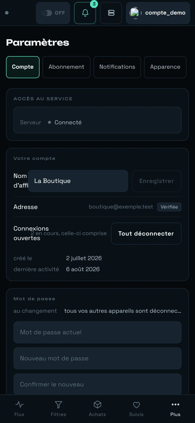 L'écran Paramètres de rega sur téléphone