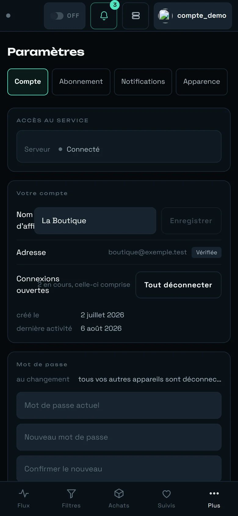 L'écran Paramètres de REGA sur téléphone