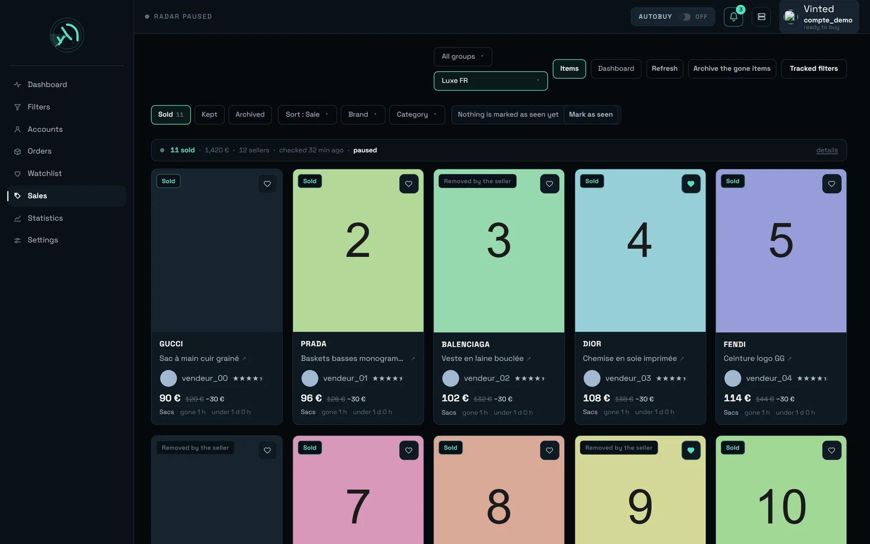 REGA's Sales screen: group and filter selectors, Items / Dashboard toggle, context strip, and the grid of sold-item cards.