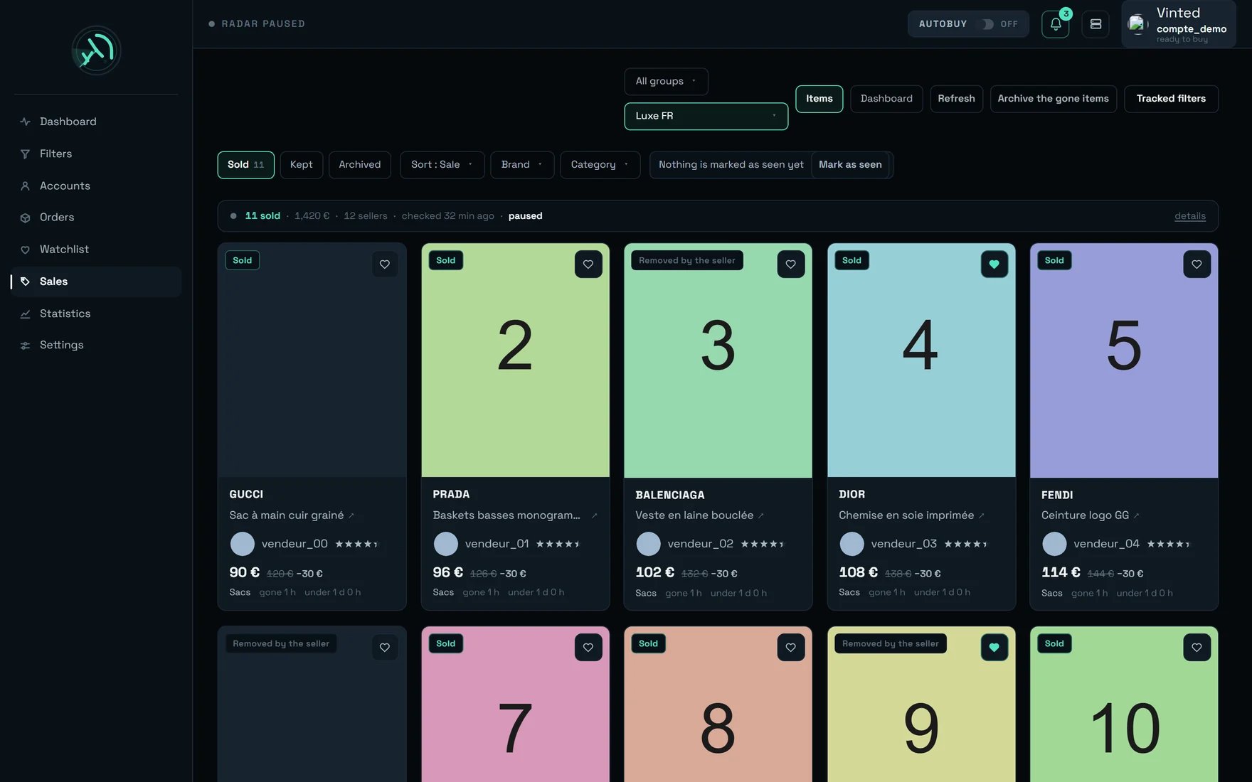 REGA's Sales screen: group and filter selectors, Items / Dashboard toggle, context strip, and the grid of sold-item cards.