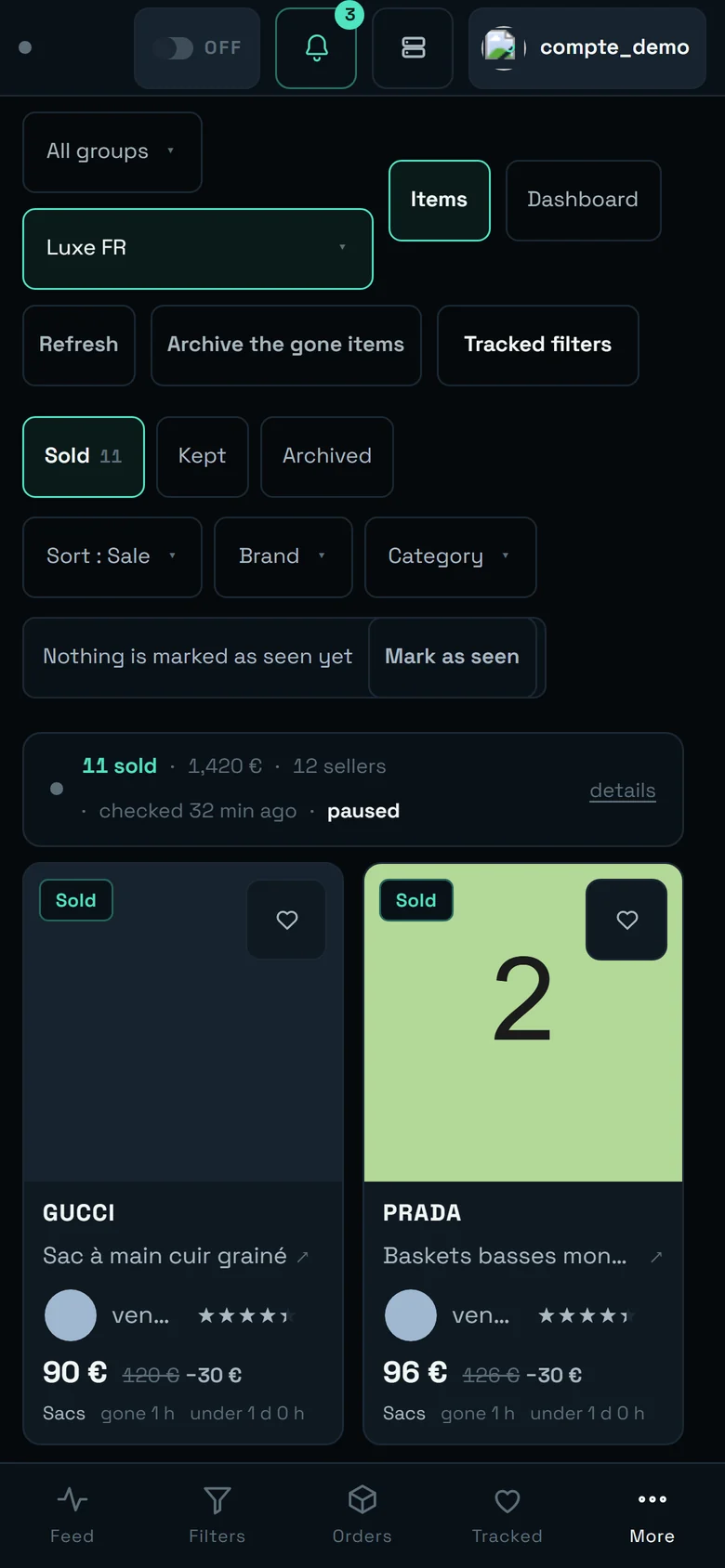 The Sales screen at 390 px wide: selectors and action buttons wrap over several rows, the grid shows two columns of cards.