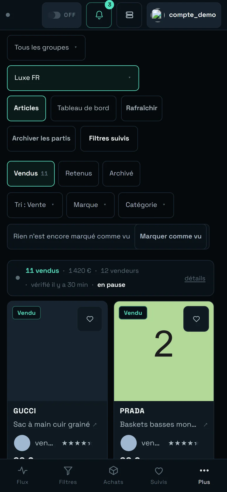 L'écran Ventes en 390 px de large : les sélecteurs et les boutons d'action passent sur plusieurs rangées, la grille affiche deux colonnes de cartes.