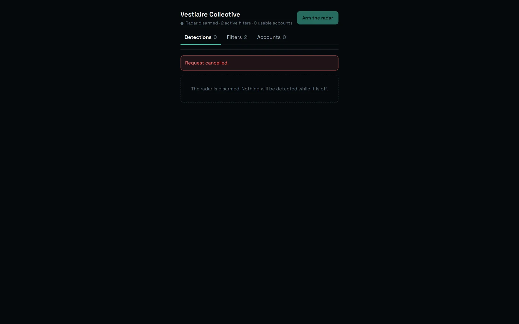 Vestiaire Collective screen with the Arm the radar button and the three tabs Detections, Filters, Accounts