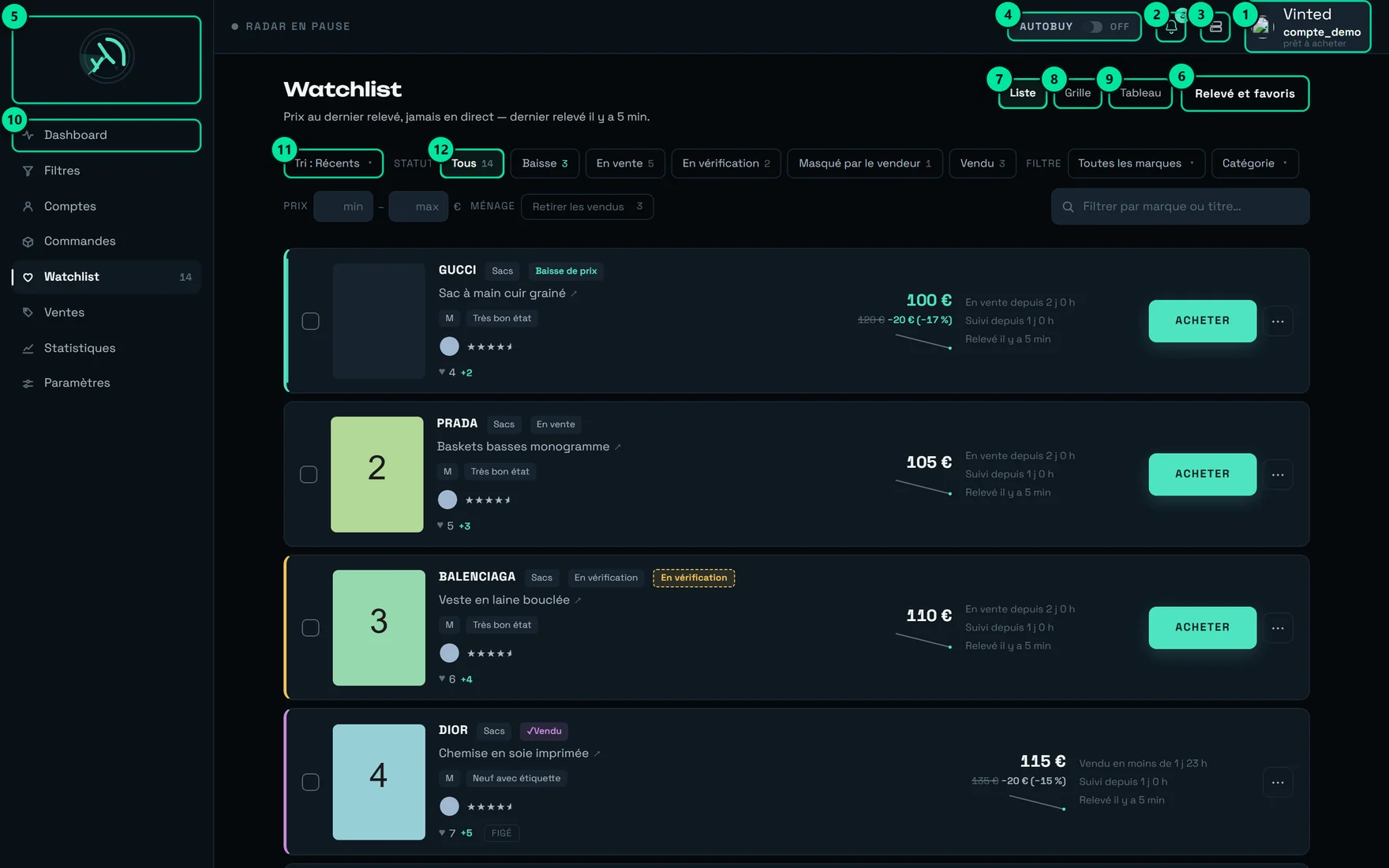 Écran Watchlist annoté de douze pastilles numérotées