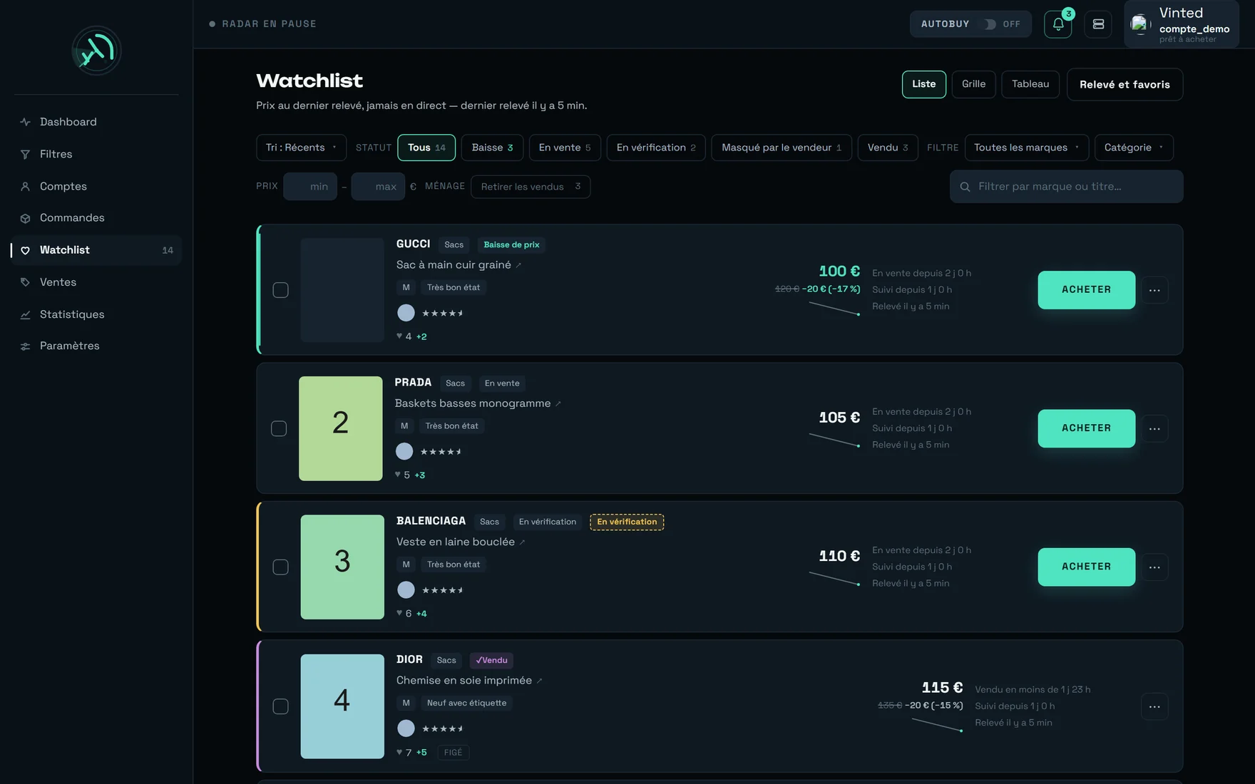 Écran Watchlist de REGA en disposition Liste, avec quatre articles suivis