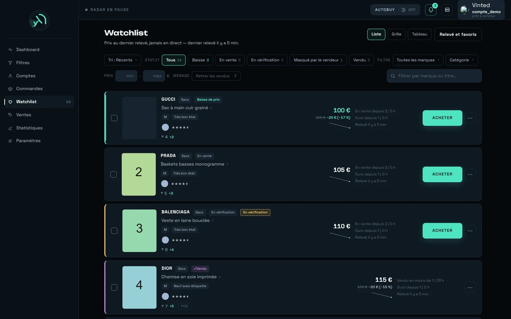 Écran Watchlist de REGA en disposition Liste, avec quatre articles suivis