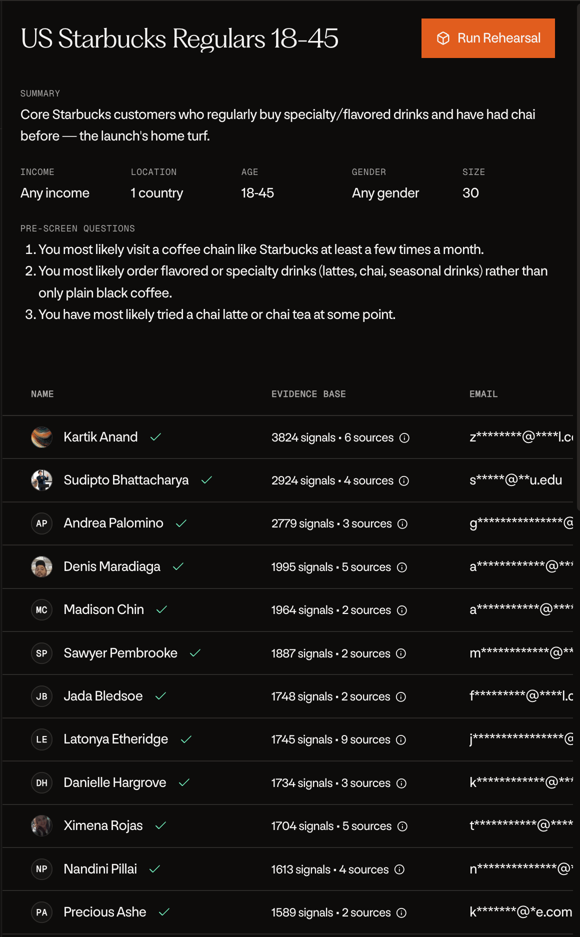 A built cohort's page with its summary, pre-screen questions, and replica table