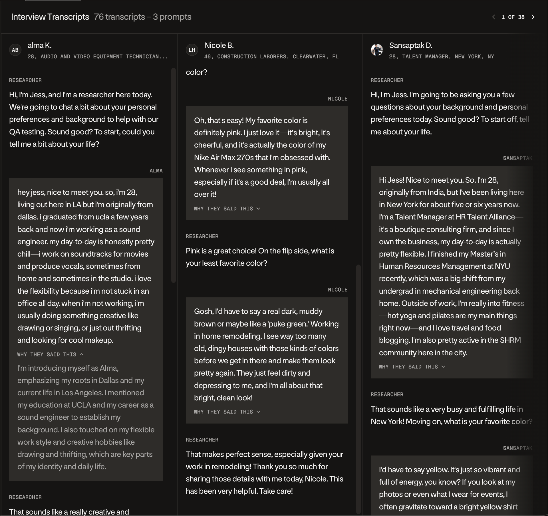 Interview transcripts side by side with a Why they said this toggle open