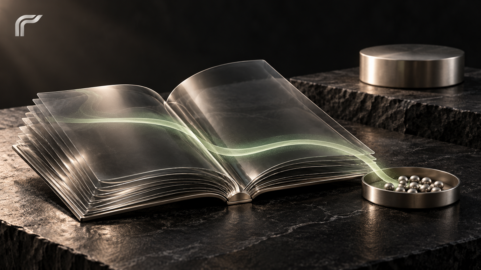 An open smoked-glass book carries a soft sage path toward a finite tray of silver pellets, with a separate platinum reserve behind it. Reins mark in the corner.