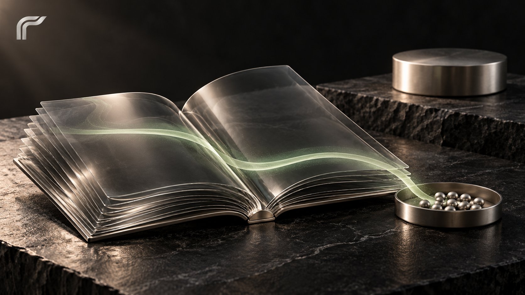 An open smoked-glass book carries a soft sage path toward a finite tray of silver pellets, with a separate platinum reserve behind it. Reins mark in the corner.