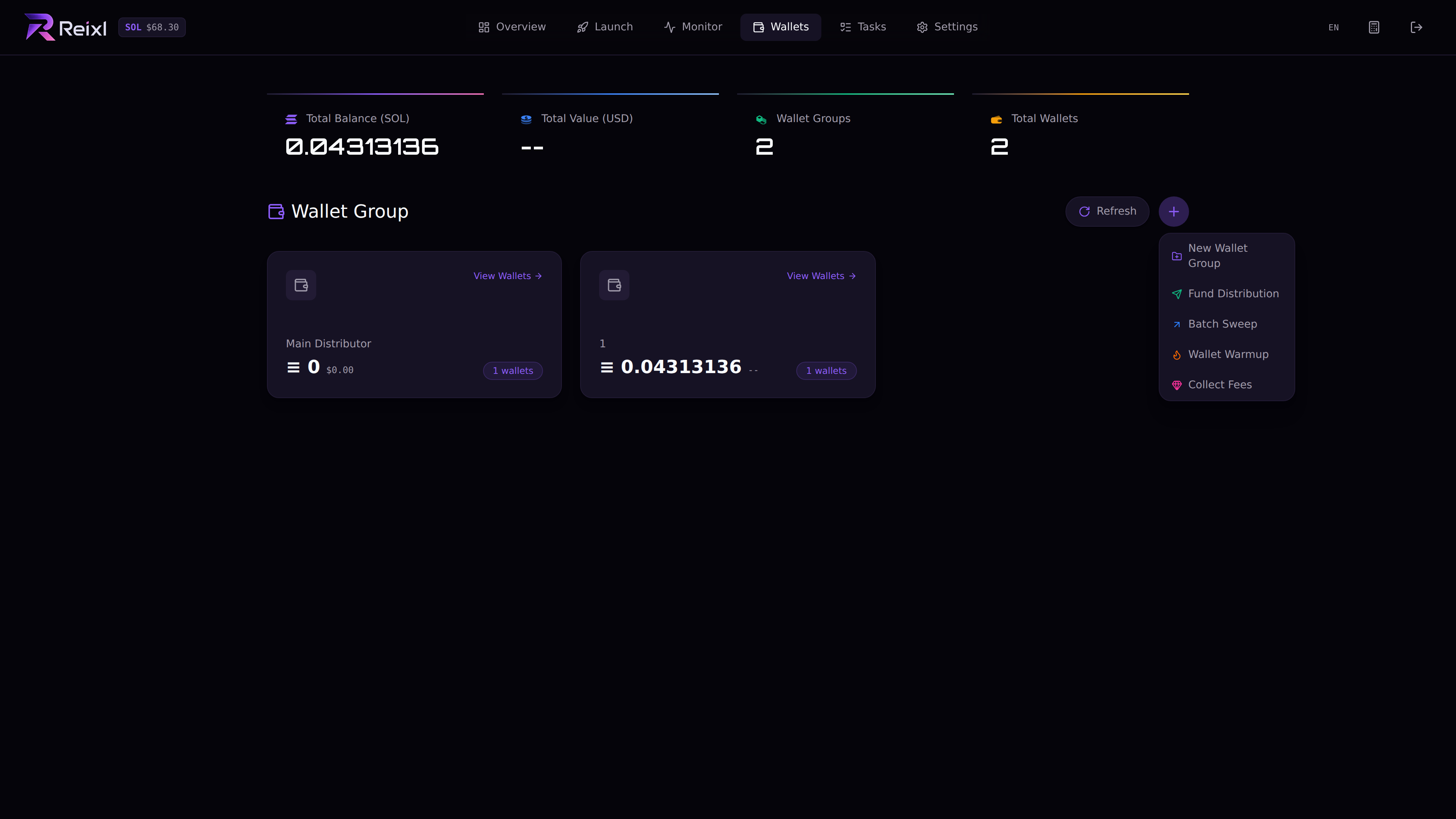 Wallet group creation menu