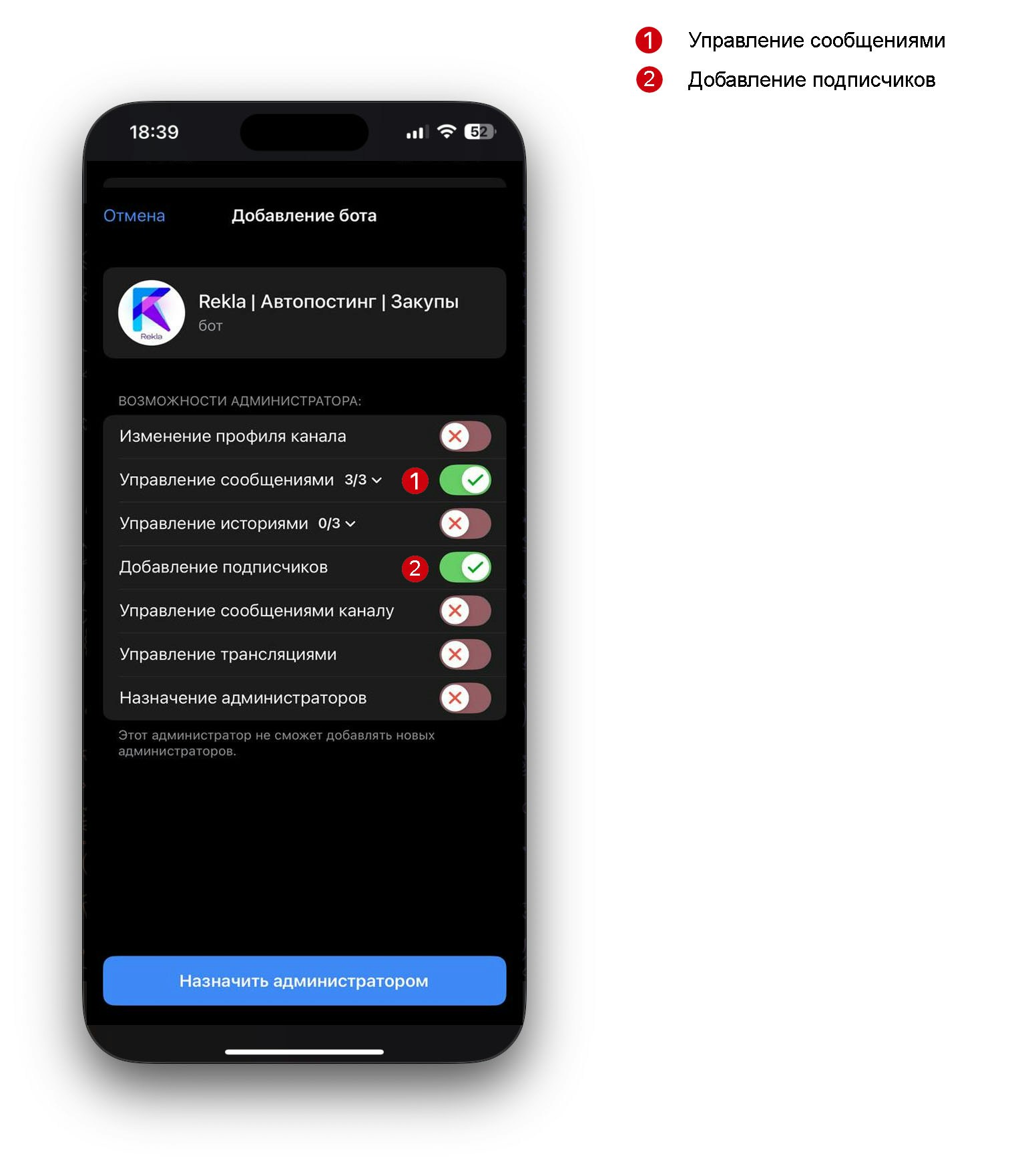 Предоставление прав боту