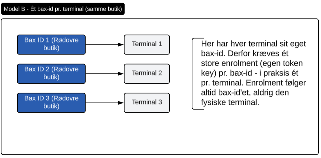 Nexi Model B, REKOM's setup: one BAX ID per terminal in the same store