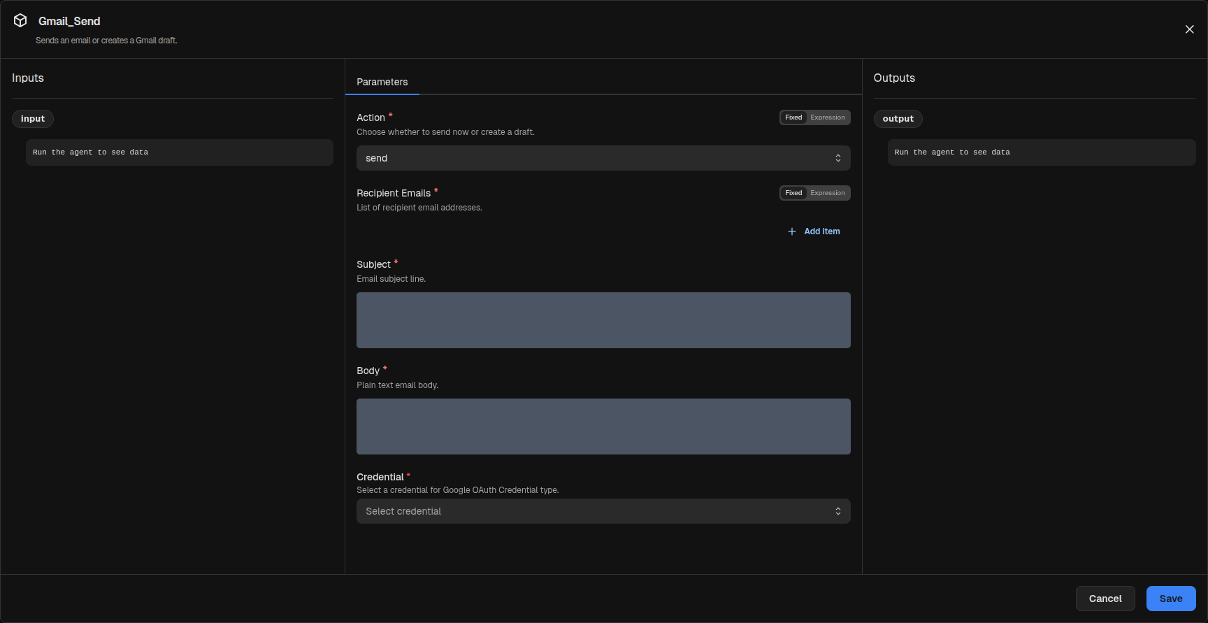 Gmail Send node inspector modal