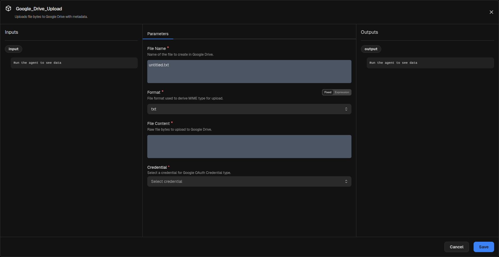 Google Drive Upload node inspector modal
