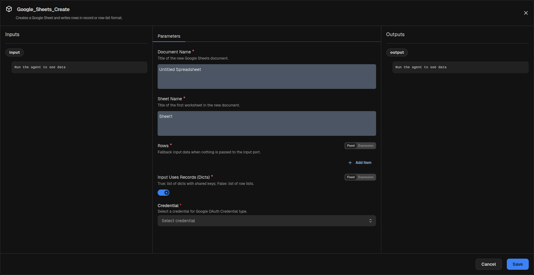 Google Sheets Create node inspector modal
