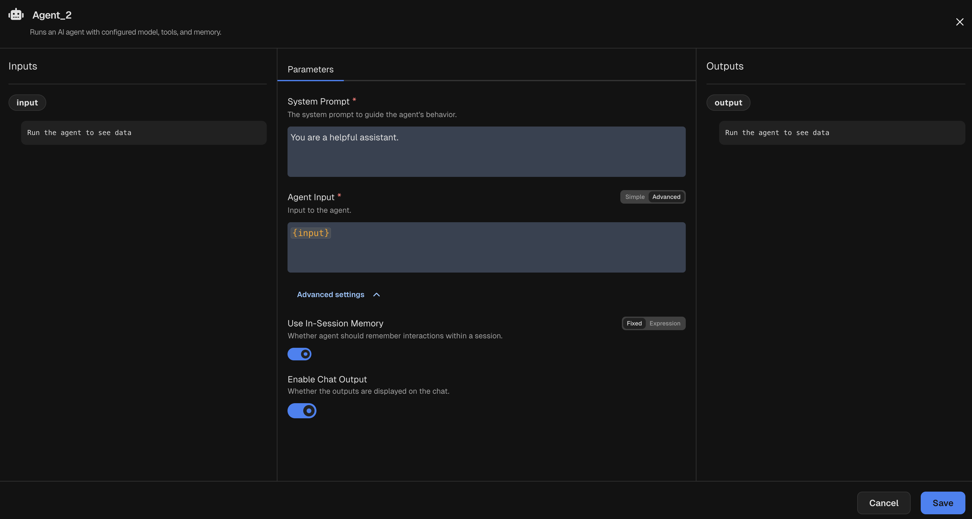 Node inspector for an Agent node