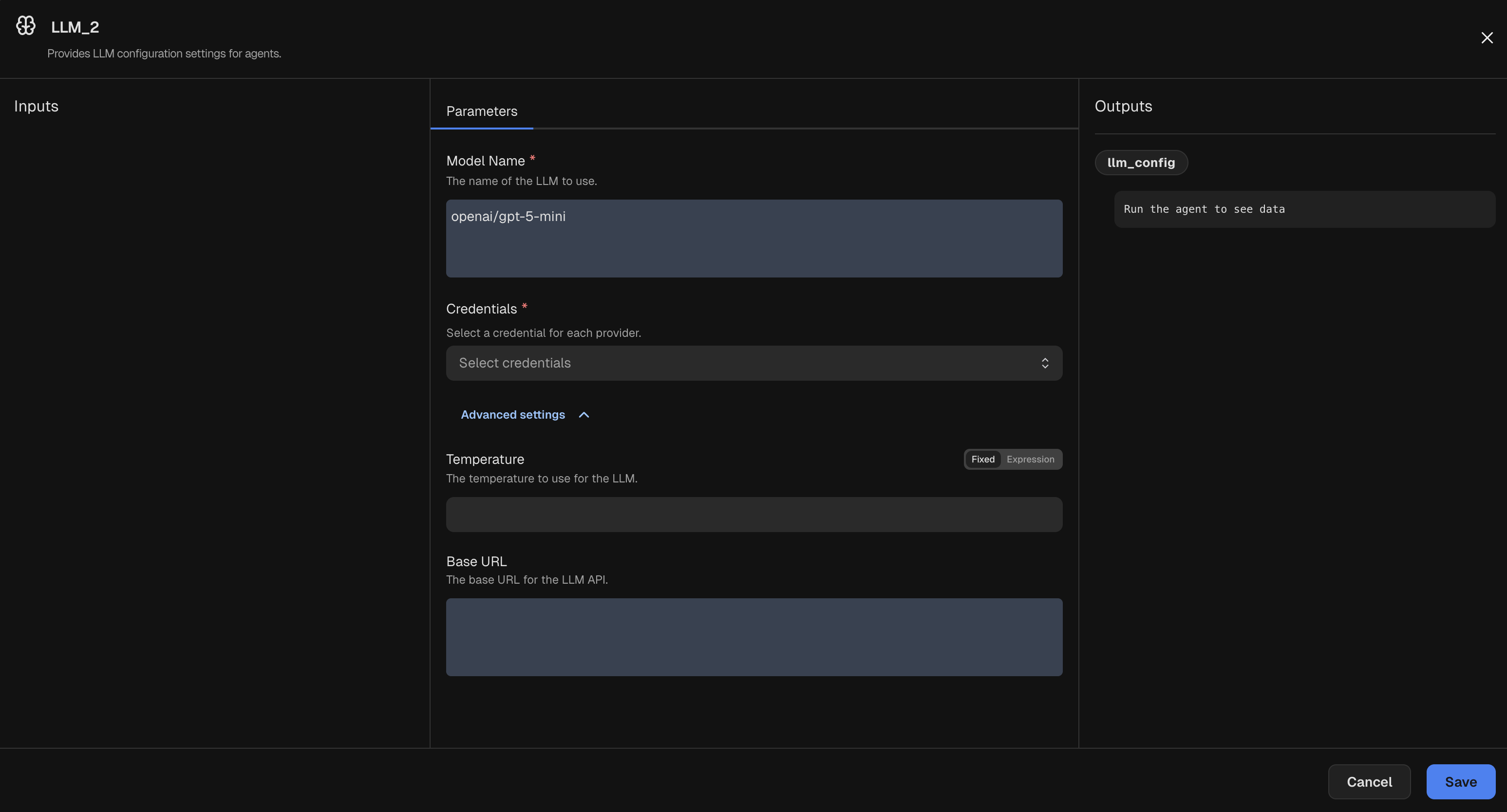 Node inspector for an LLM node