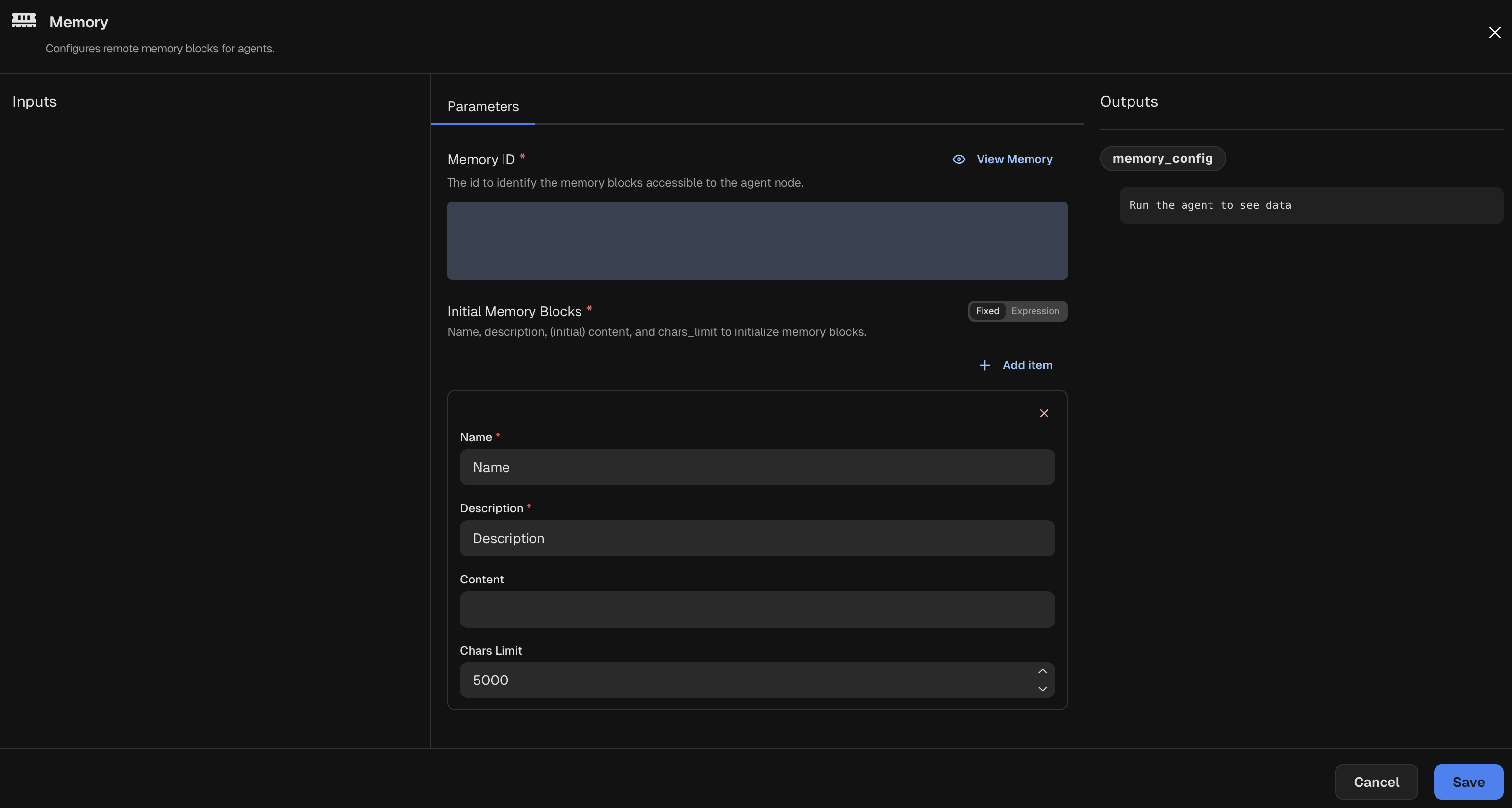 Node inspector for a Memory node