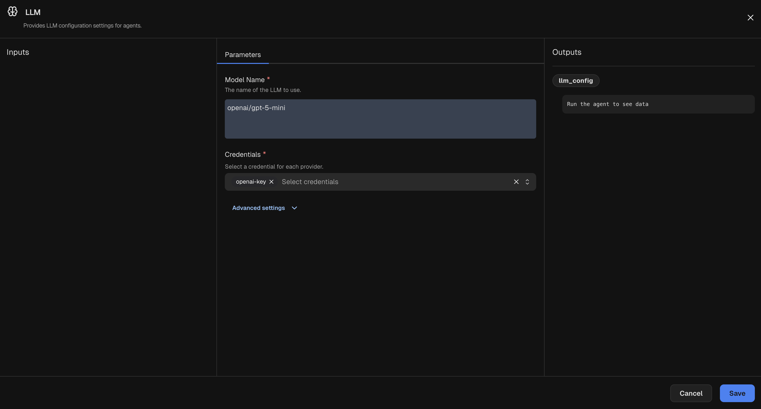 LLM node with selected credentials