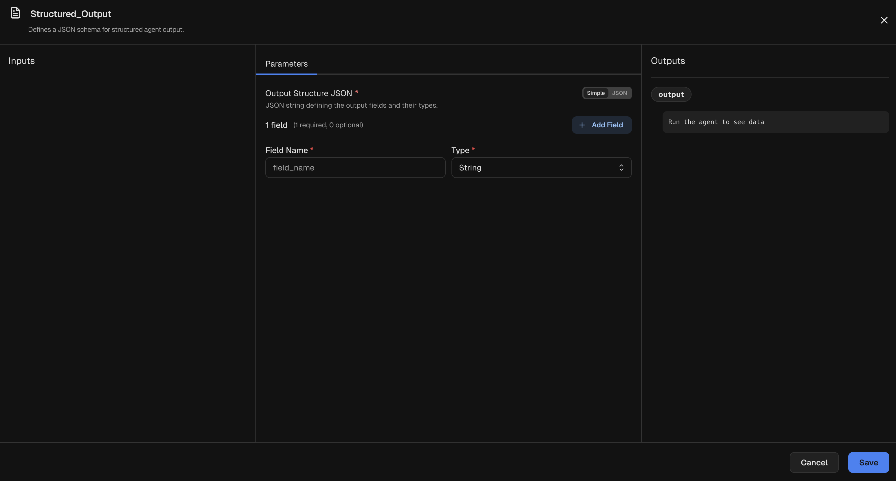 Node inspector for a Structured Output node