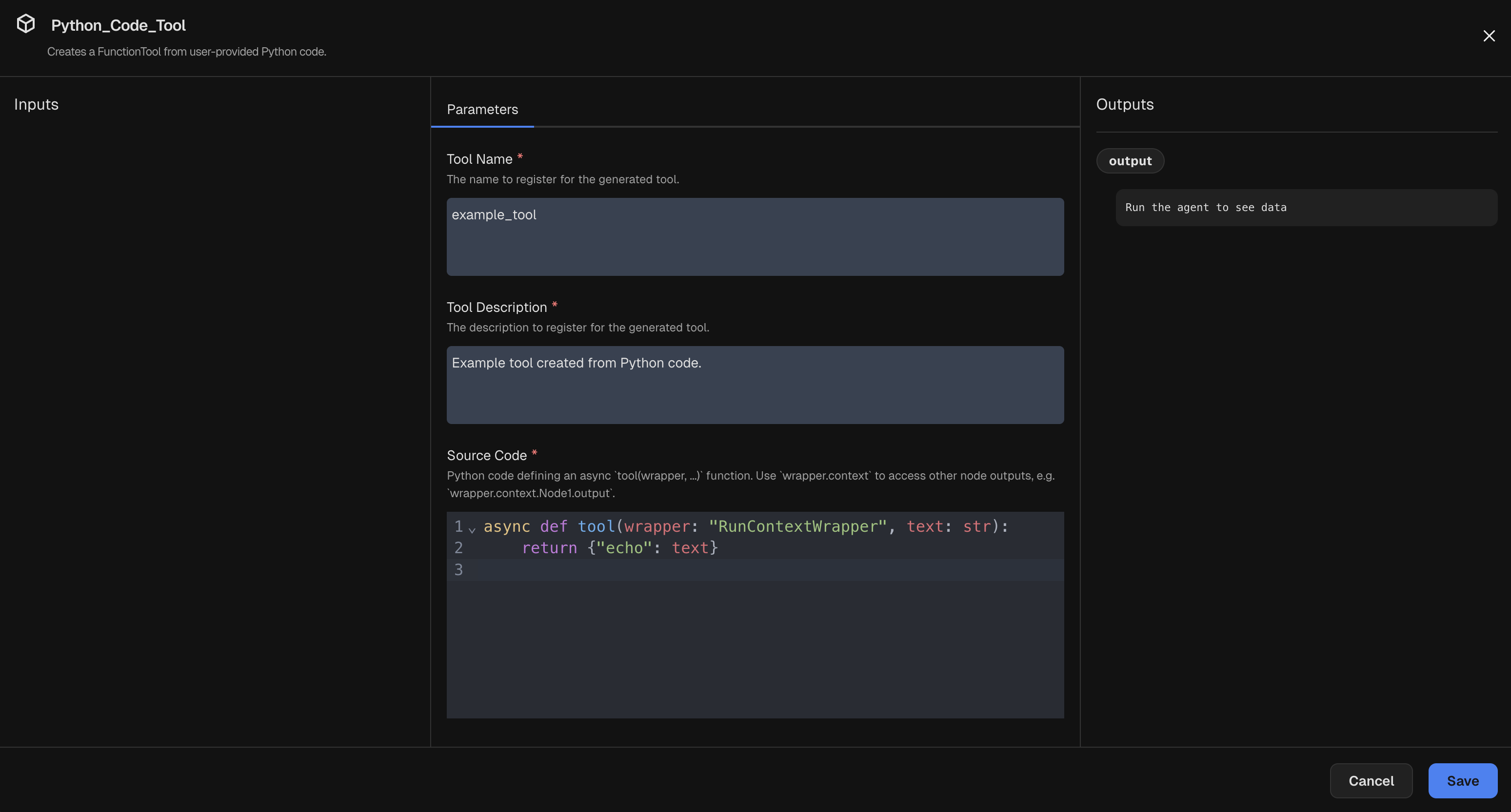 Node inspector for a Python Code Tool node