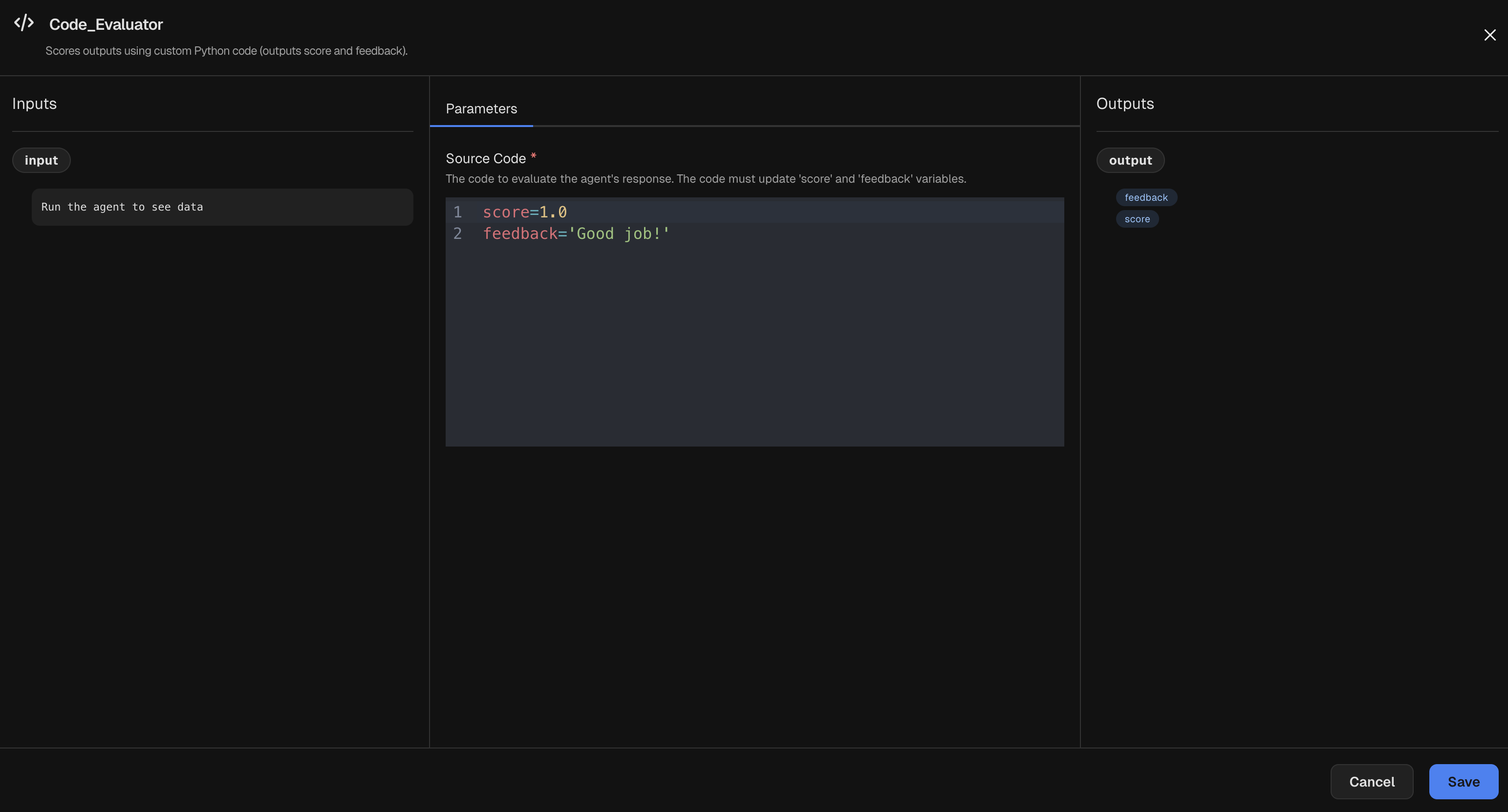 Node inspector for a Code Evaluator node