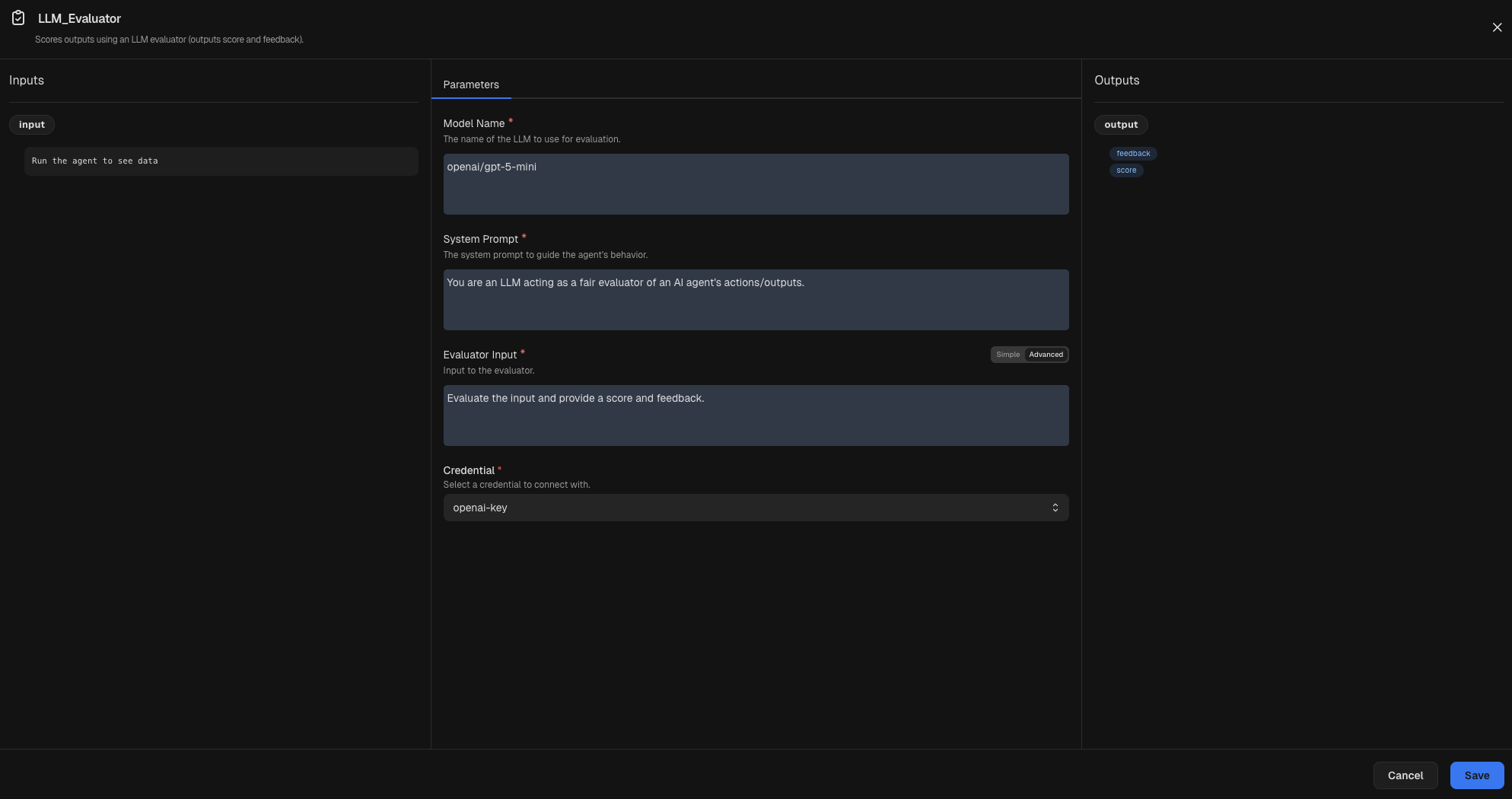 Node inspector for an LLM Evaluator node