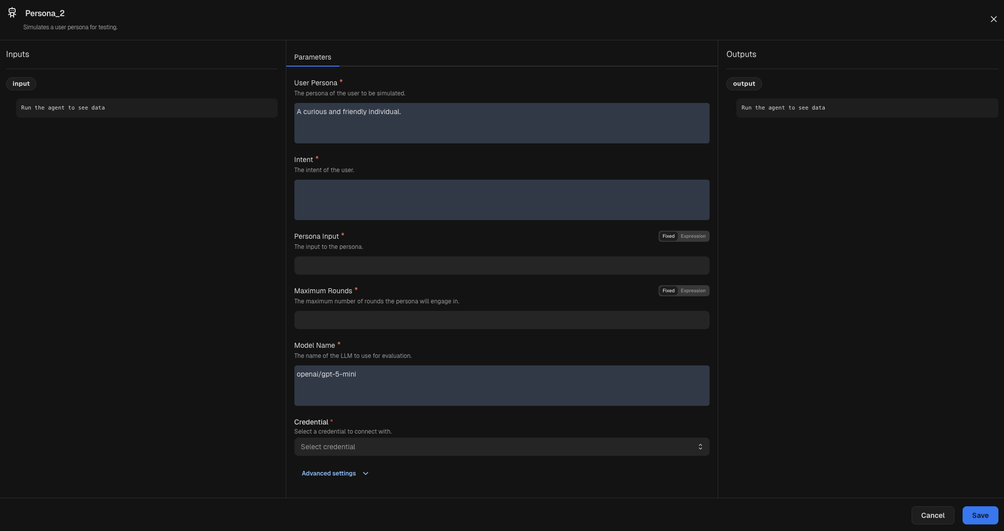 Node inspector for a Persona node