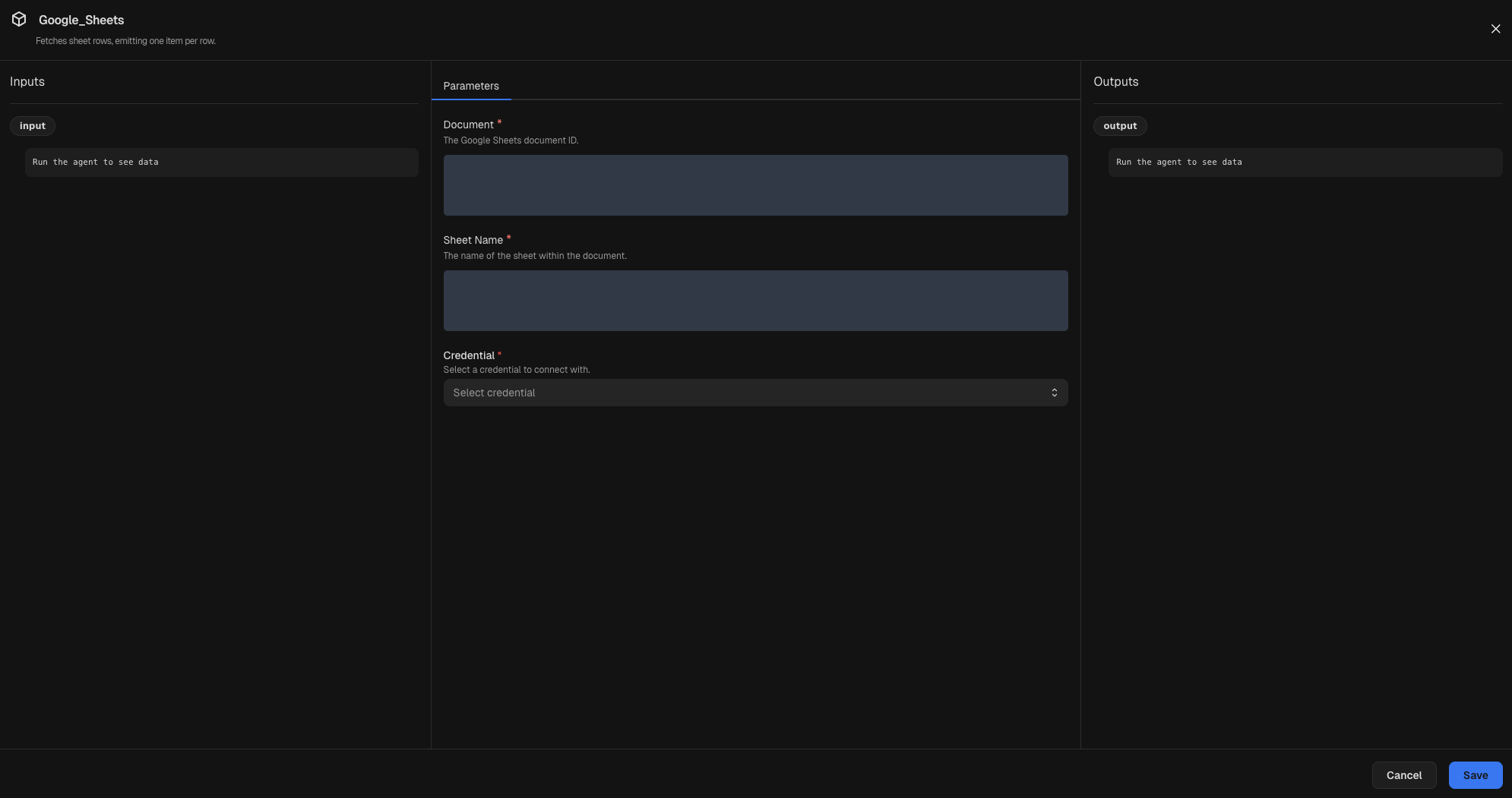 Node inspector for a Google Sheets node