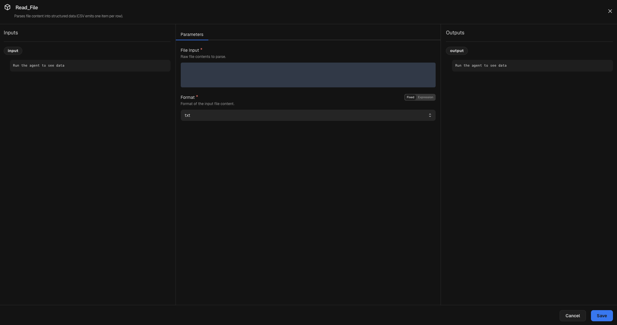 Node inspector for a Read File node
