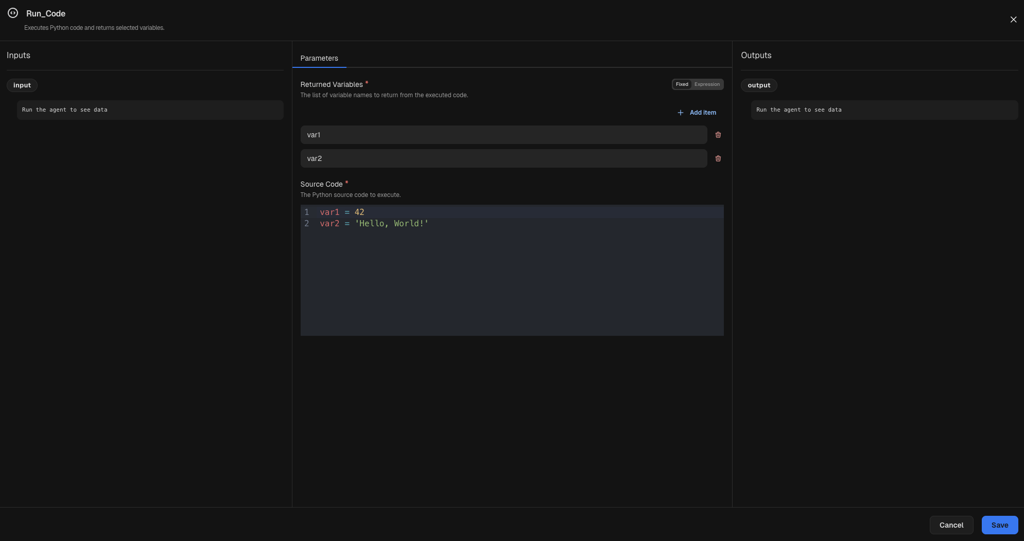Node inspector for a Run Code node