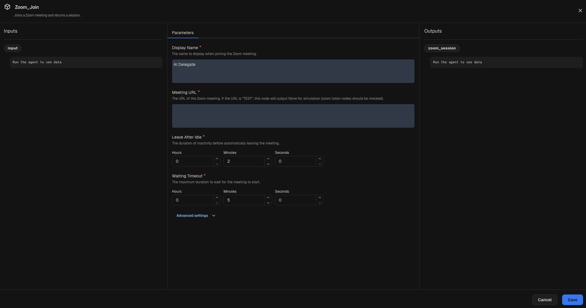 Node inspector for a Zoom (Join) node