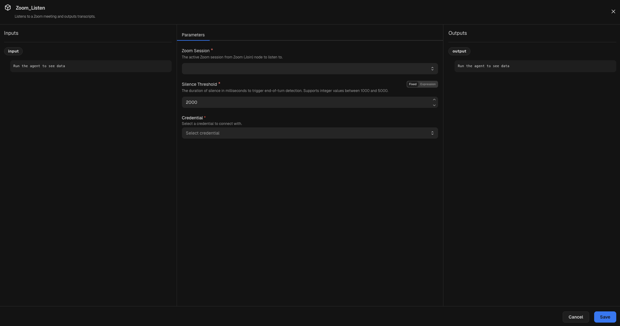 Node inspector for a Zoom (Listen) node