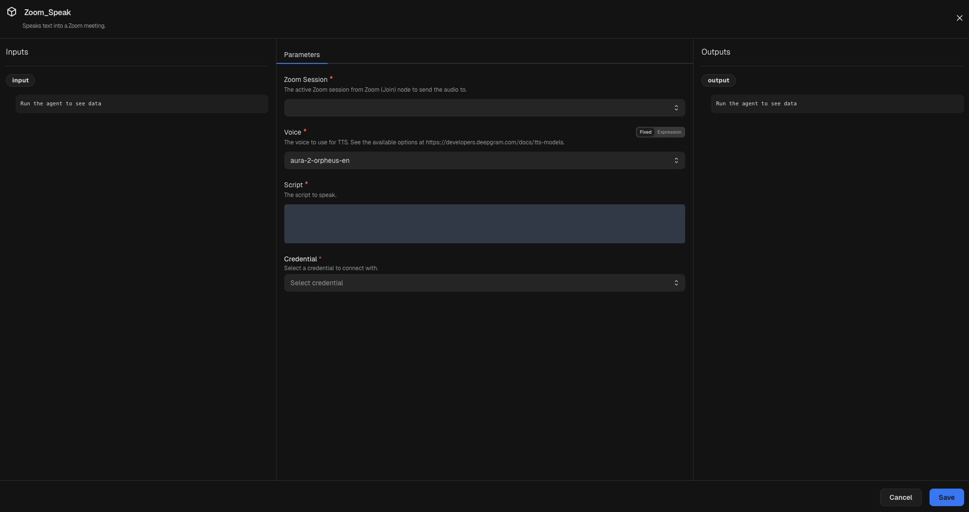 Node inspector for a Zoom (Speak) node