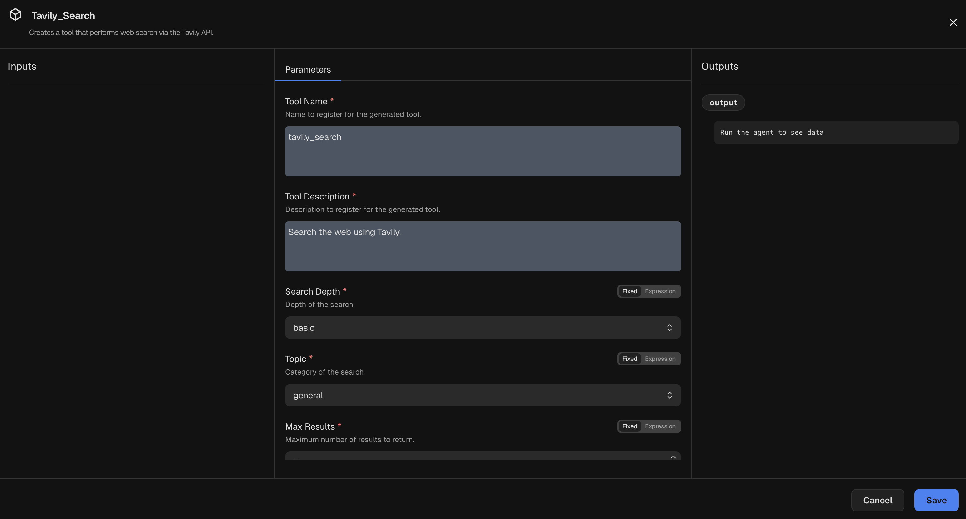 Node inspector for a Tavily Search node