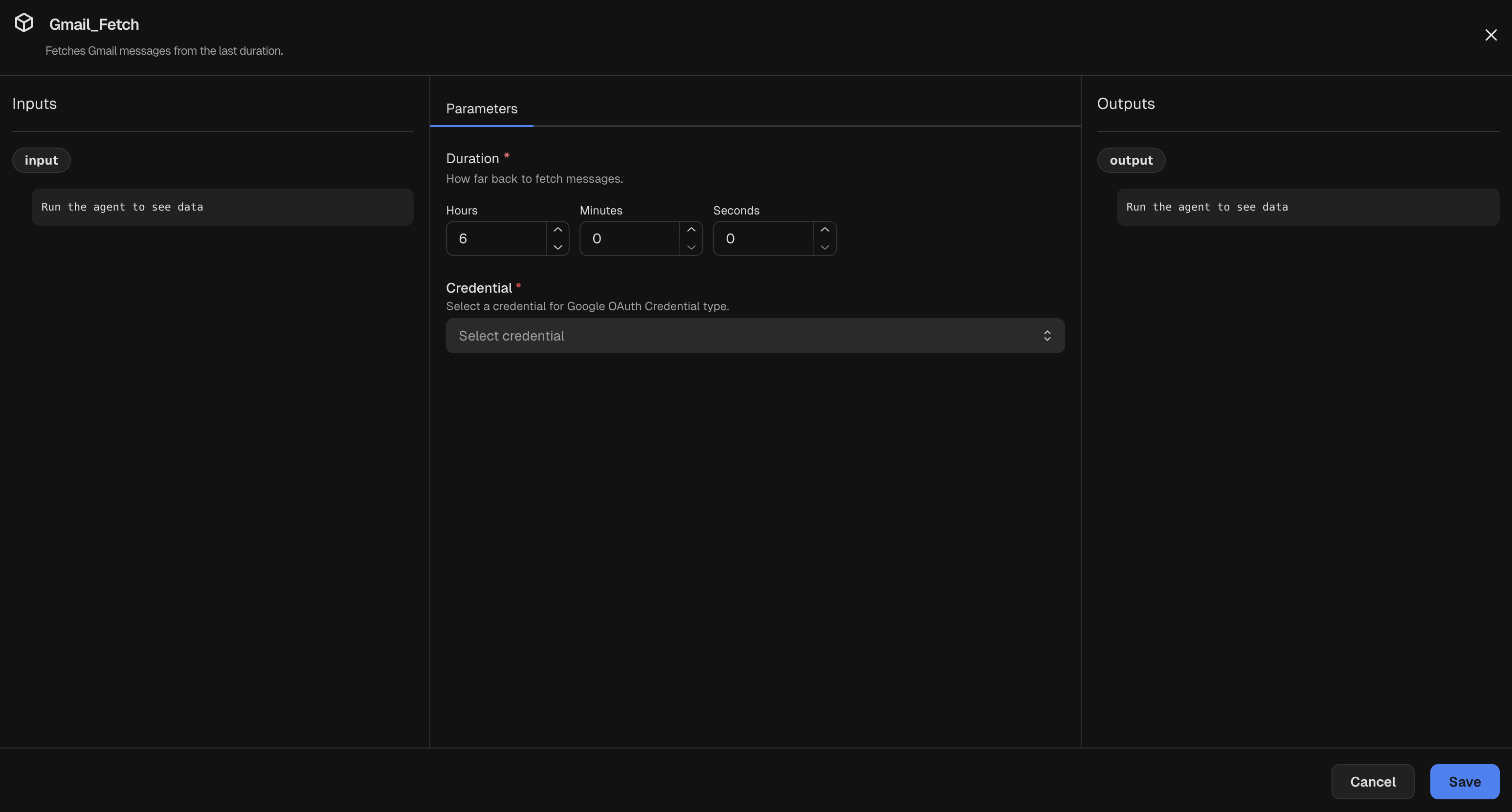 Node inspector for a Gmail Fetch node