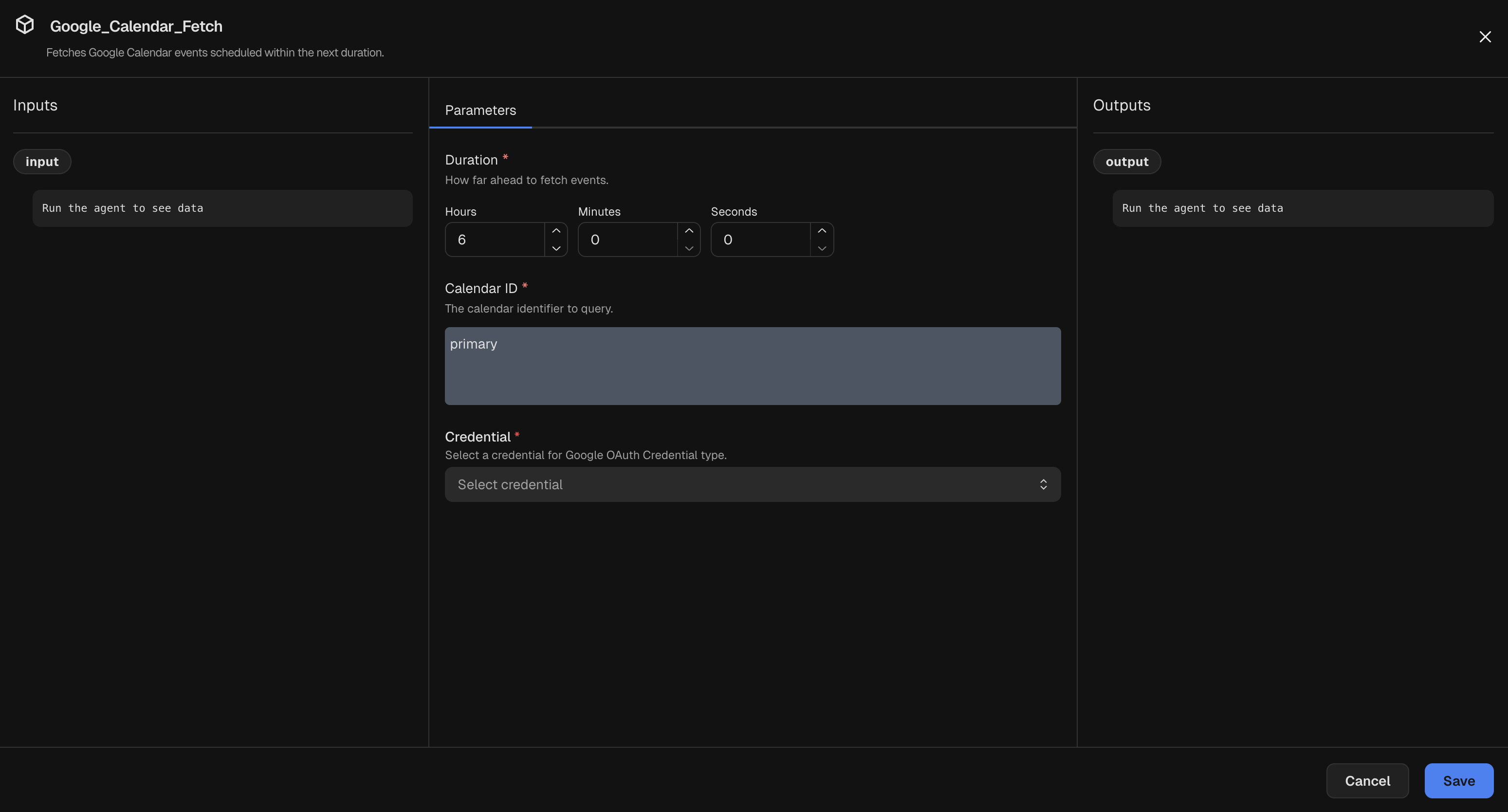 Node inspector for a Google Calendar Fetch node