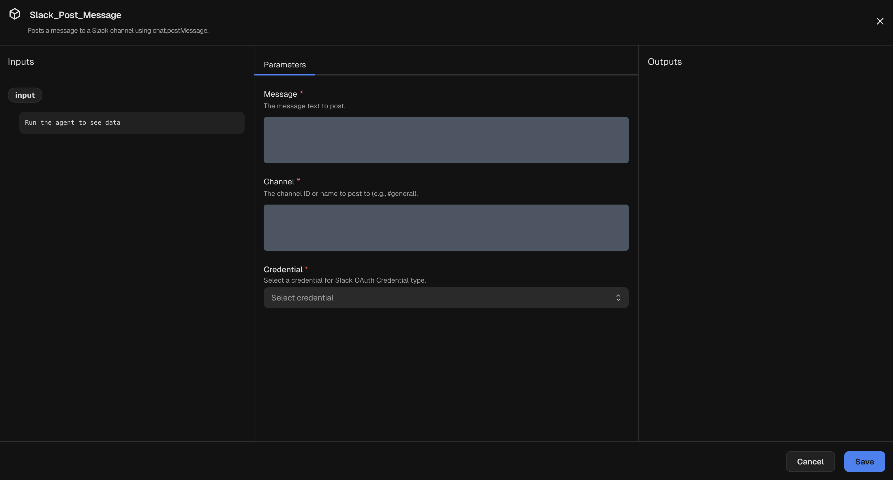 Node inspector for a Slack Post Message node