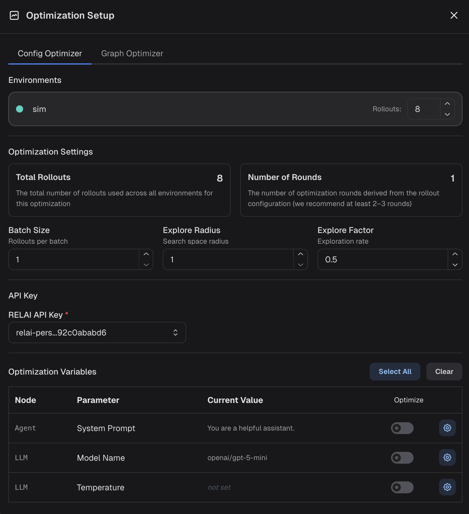 Modal for config optimization settings