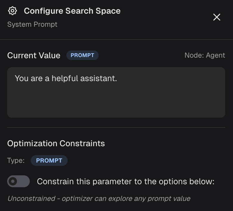 Modal for configuring parameter search space