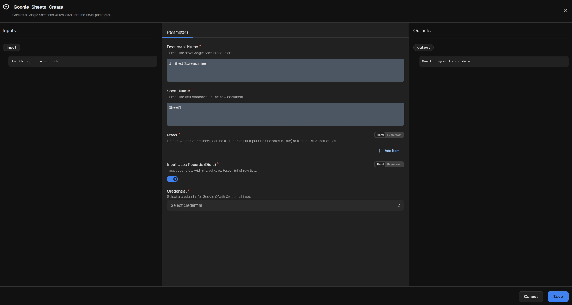 Google Sheets Create node inspector modal