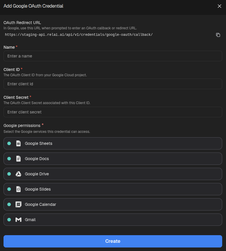 Add Google OAuth Credential form with redirect URL, client ID, client secret, and permissions selection