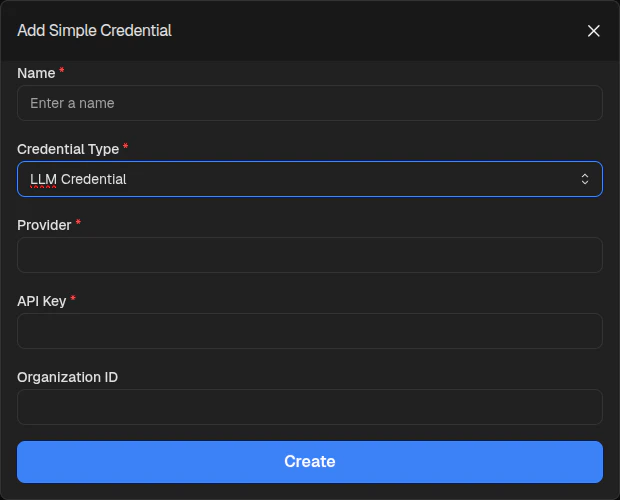 Add Simple Credential form with LLM Credential selected