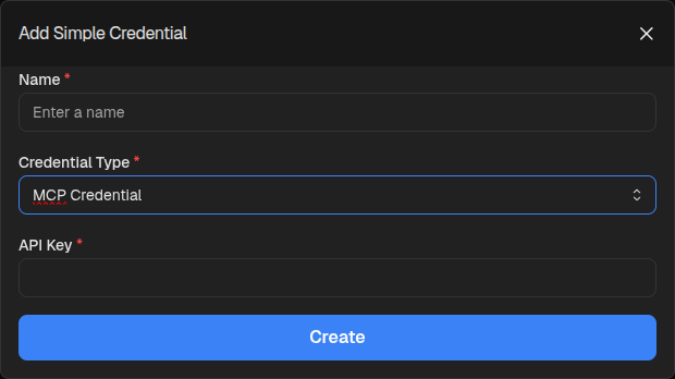 Add Simple Credential form with MCP Credential selected